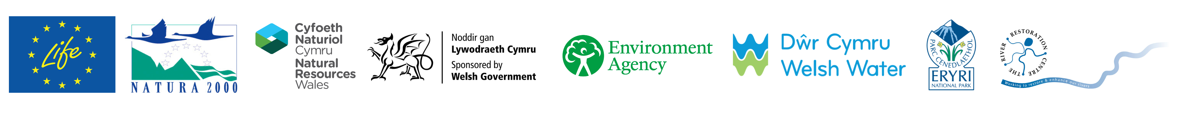 LIFE, Natura 2000, NRW, Welsh Government, Environment Agency, Welsh Water, Eryri National Park and River Restoration Centre logos