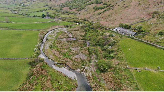 Aerial shot of a section of the Machno river, following restoration work for more natural flood management