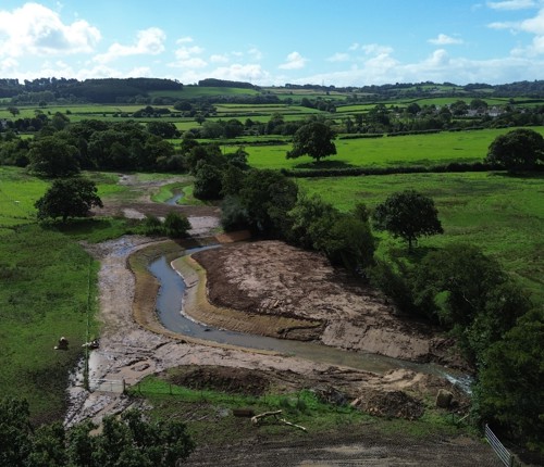 Aerial shot of Nant Dowlais meander introduction