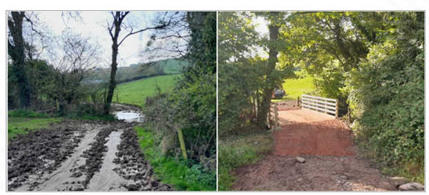Before and after the installation of a river crossing, improving water flow and reducing mud