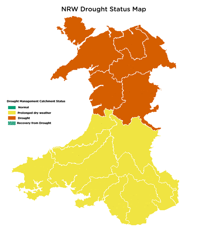 Map of Wales showing areas of drought and prolonged dry weather