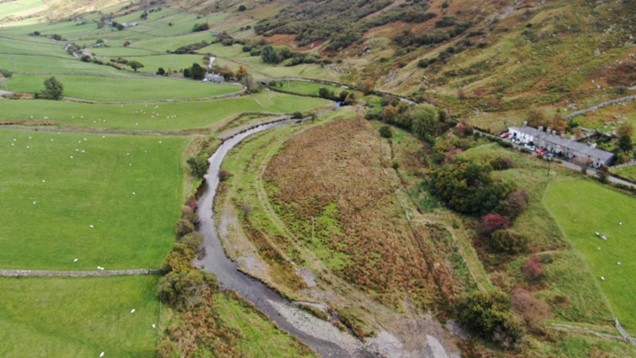 Aerial shot of a section of the river Machno, before restoration work
