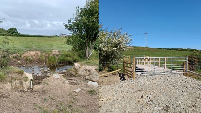 River restoration work showing before and after the installation of a river crossing